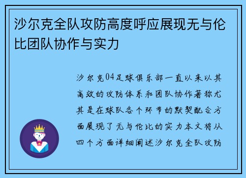 沙尔克全队攻防高度呼应展现无与伦比团队协作与实力