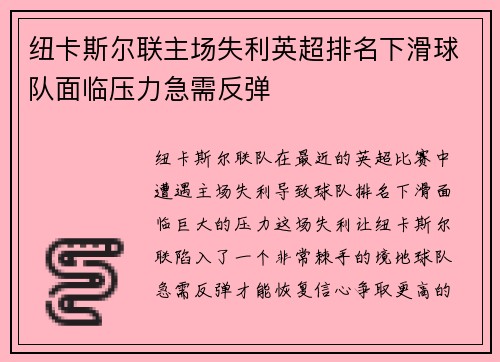 纽卡斯尔联主场失利英超排名下滑球队面临压力急需反弹