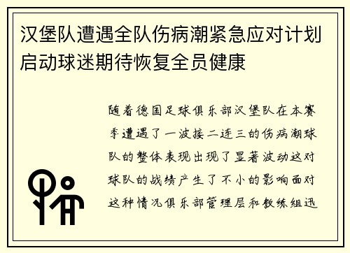 汉堡队遭遇全队伤病潮紧急应对计划启动球迷期待恢复全员健康