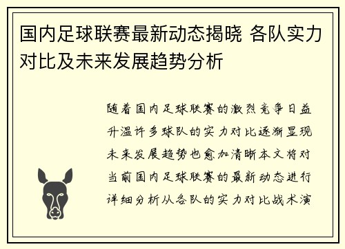 国内足球联赛最新动态揭晓 各队实力对比及未来发展趋势分析