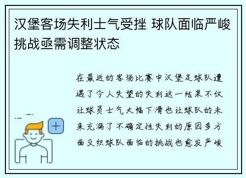 汉堡客场失利士气受挫 球队面临严峻挑战亟需调整状态